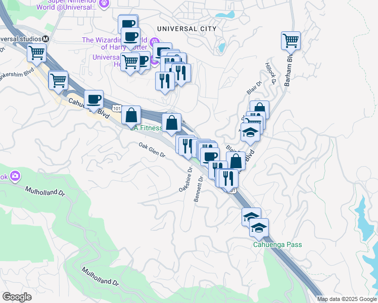 map of restaurants, bars, coffee shops, grocery stores, and more near 3330 Cahuenga Boulevard West in Los Angeles