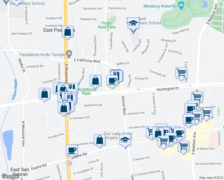 map of restaurants, bars, coffee shops, grocery stores, and more near 1137 W Huntington Dr in Arcadia