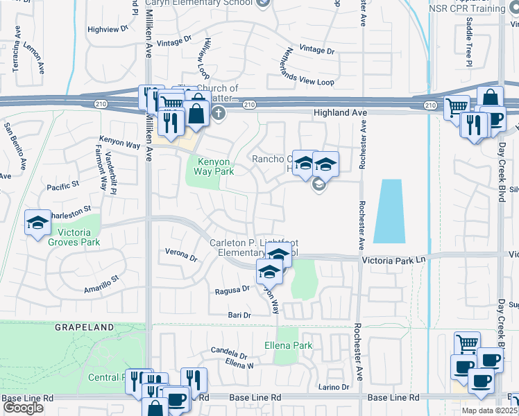 map of restaurants, bars, coffee shops, grocery stores, and more near 11607 Sienna Drive in Rancho Cucamonga