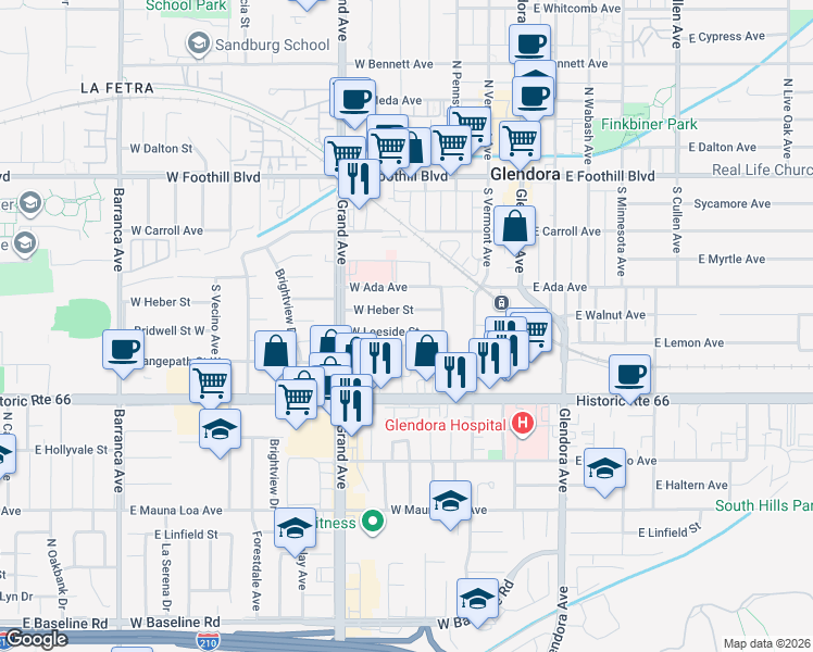 map of restaurants, bars, coffee shops, grocery stores, and more near 417 West Leeside Street in Glendora