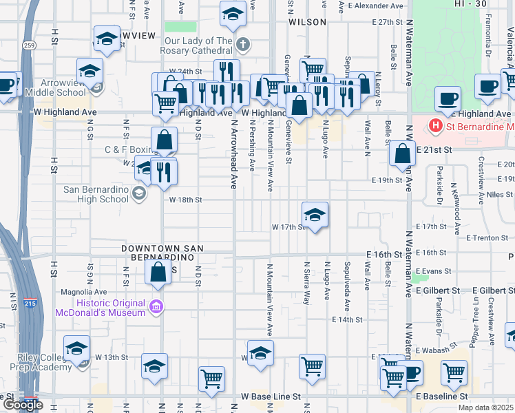 map of restaurants, bars, coffee shops, grocery stores, and more near 1789 North Pershing Avenue in San Bernardino