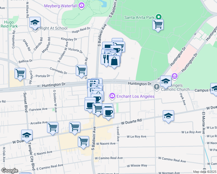 map of restaurants, bars, coffee shops, grocery stores, and more near 630 West Huntington Drive in Arcadia