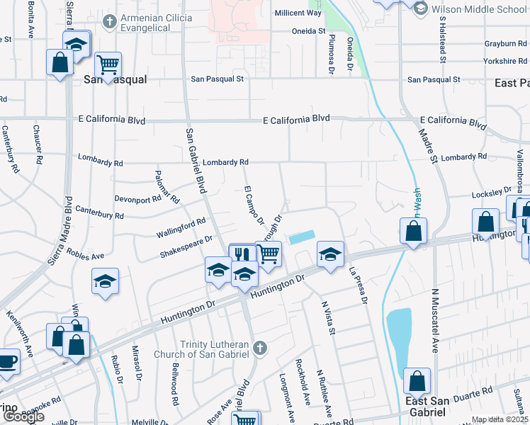 map of restaurants, bars, coffee shops, grocery stores, and more near 931 Gainsborough Drive in Pasadena