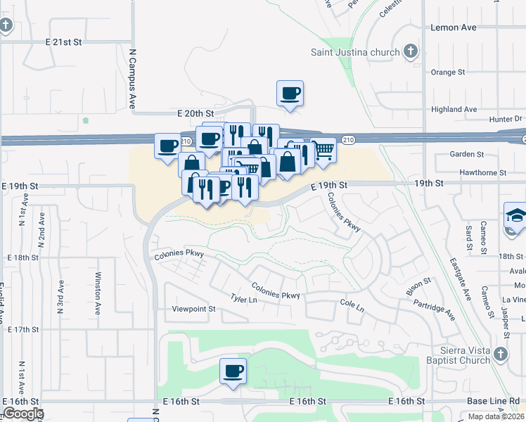 map of restaurants, bars, coffee shops, grocery stores, and more near 1162 East 19th Street in Upland
