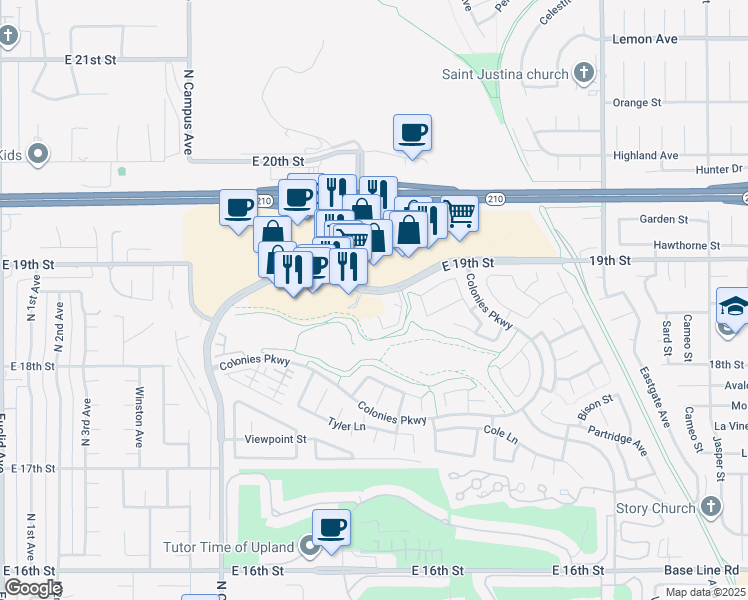 map of restaurants, bars, coffee shops, grocery stores, and more near 1162 East 19th Street in Upland