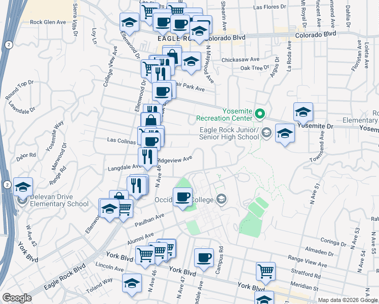 map of restaurants, bars, coffee shops, grocery stores, and more near 2125 Ridgeview Avenue in Los Angeles