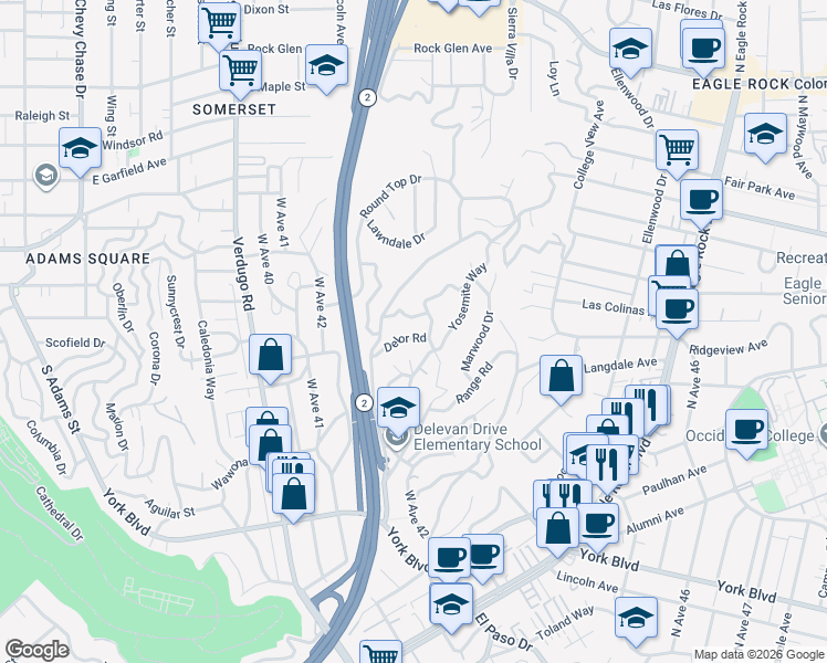 map of restaurants, bars, coffee shops, grocery stores, and more near 2739 Delor Road in Los Angeles