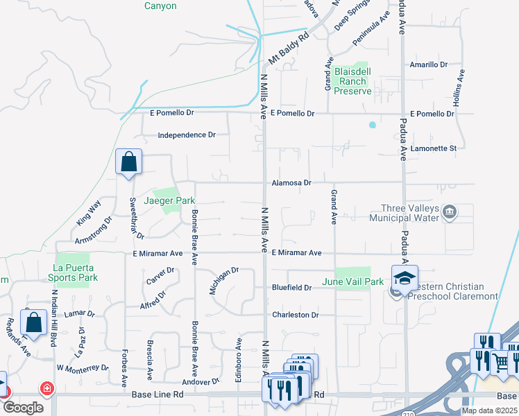map of restaurants, bars, coffee shops, grocery stores, and more near 426 East Holyoke Place in Claremont