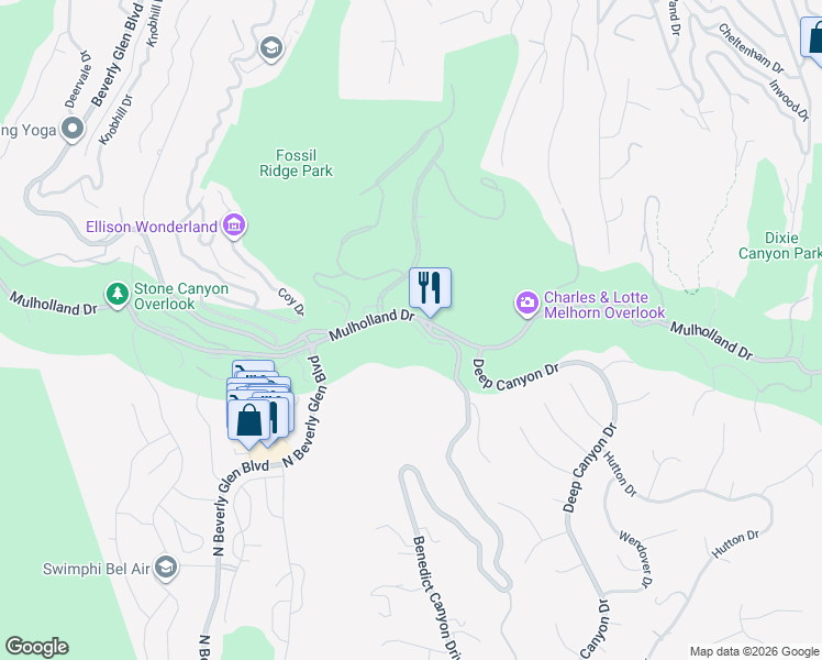 map of restaurants, bars, coffee shops, grocery stores, and more near 3201 Benedict Canyon Drive in Beverly Hills