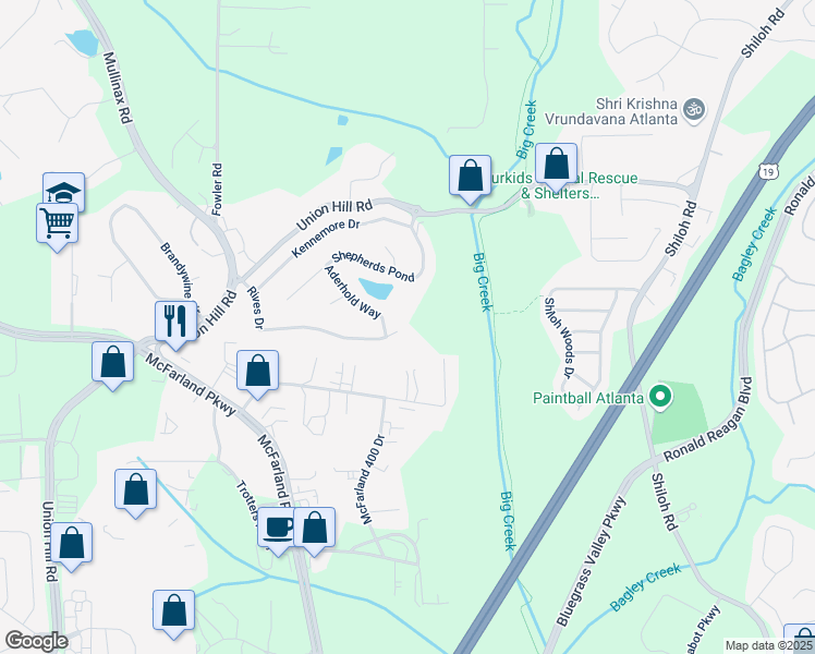 map of restaurants, bars, coffee shops, grocery stores, and more near 6035 Rives Drive in Alpharetta