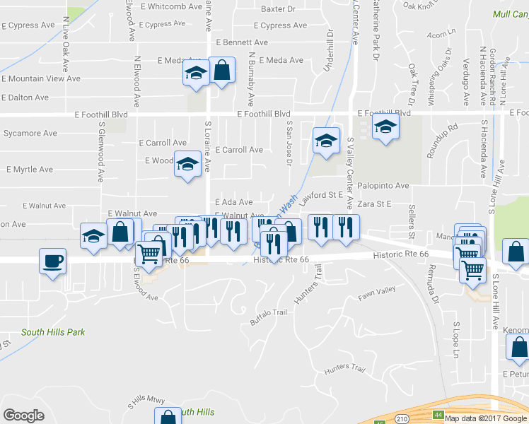 map of restaurants, bars, coffee shops, grocery stores, and more near 1241 E Walnut Ave in Glendora