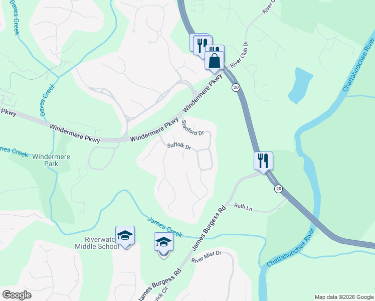 map of restaurants, bars, coffee shops, grocery stores, and more near 3305 Spencer Street in Cumming
