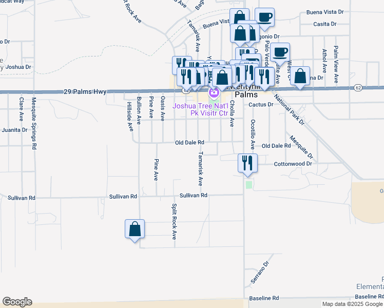 map of restaurants, bars, coffee shops, grocery stores, and more near 6898 Tamarisk Avenue in Twentynine Palms