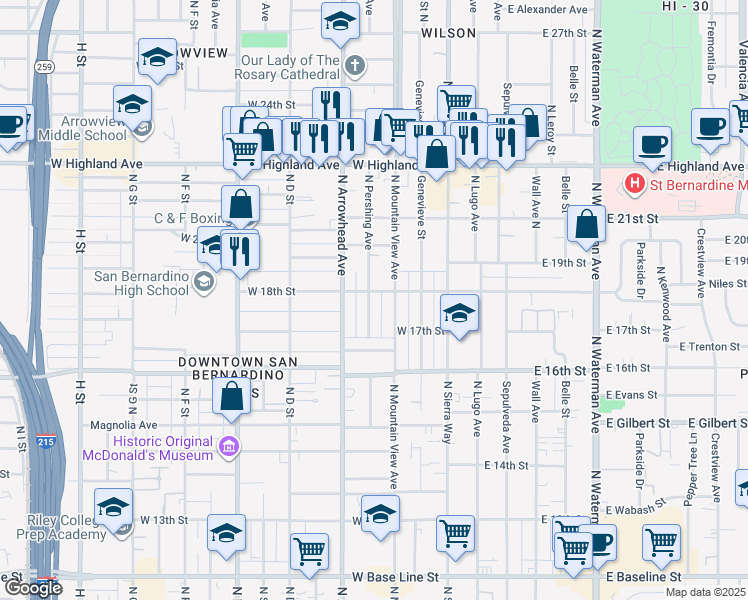 map of restaurants, bars, coffee shops, grocery stores, and more near 1789 North Pershing Avenue in San Bernardino