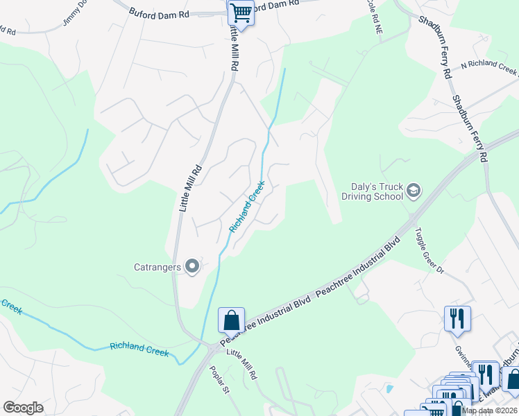 map of restaurants, bars, coffee shops, grocery stores, and more near Skylar Creek Lane Northeast in Buford
