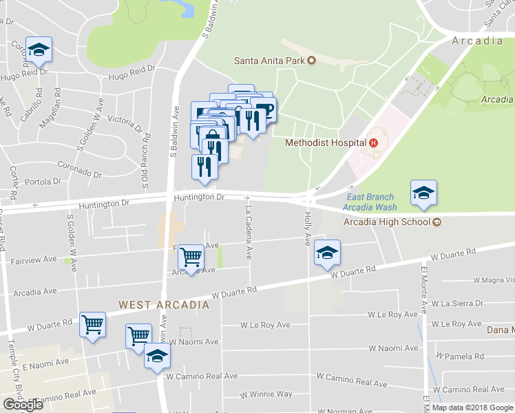map of restaurants, bars, coffee shops, grocery stores, and more near 468 West Huntington Drive in Arcadia