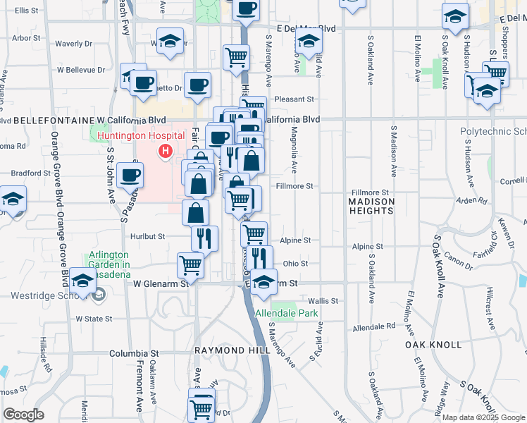 map of restaurants, bars, coffee shops, grocery stores, and more near 845 South Marengo Avenue in Pasadena