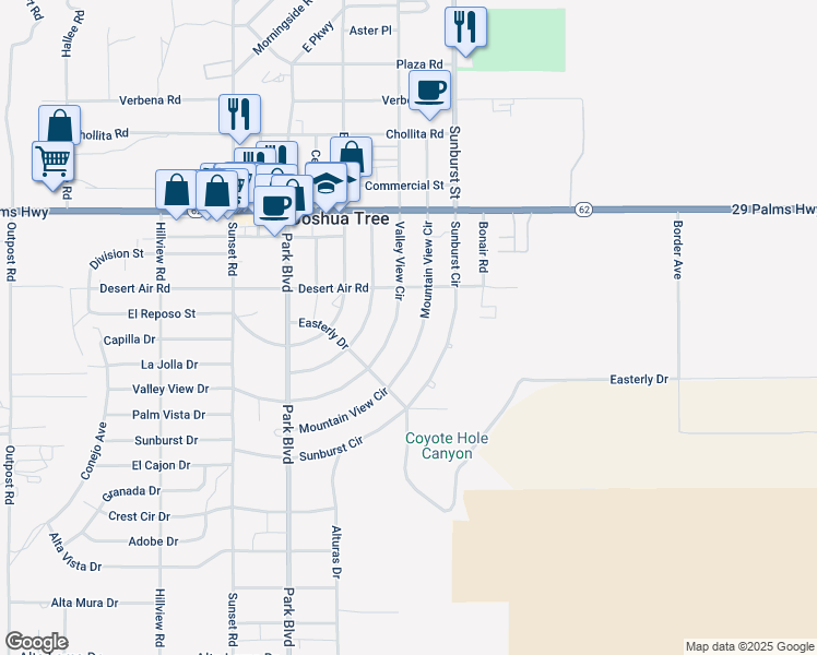 map of restaurants, bars, coffee shops, grocery stores, and more near 61956 Mountain View Circle in Joshua Tree