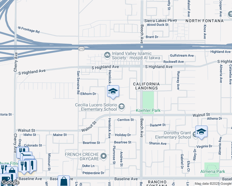 map of restaurants, bars, coffee shops, grocery stores, and more near 15156 Sapling Lane in Fontana