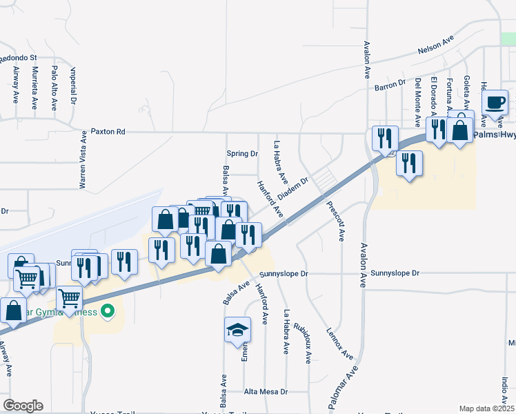 map of restaurants, bars, coffee shops, grocery stores, and more near 58178 Diadem Drive in Yucca Valley