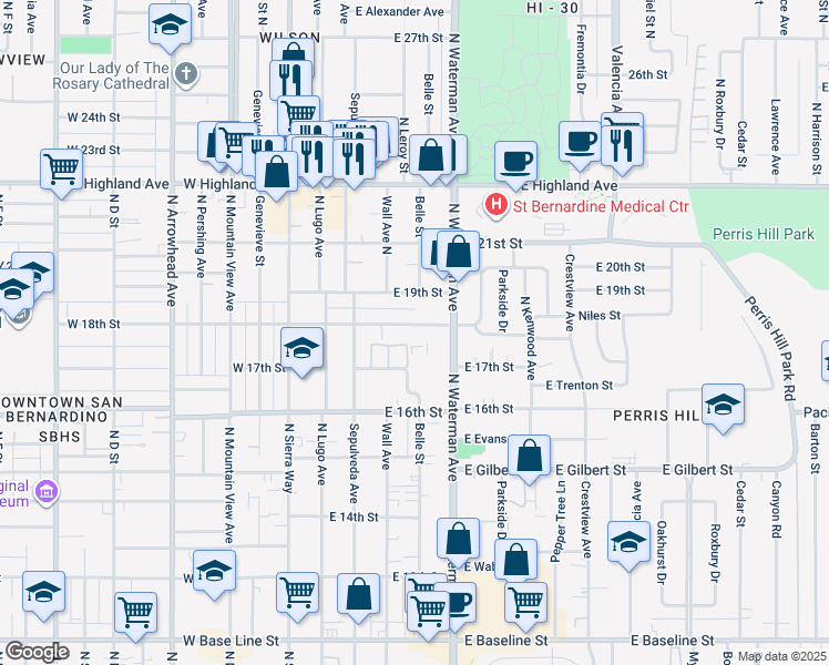 map of restaurants, bars, coffee shops, grocery stores, and more near 265 18th Street in San Bernardino