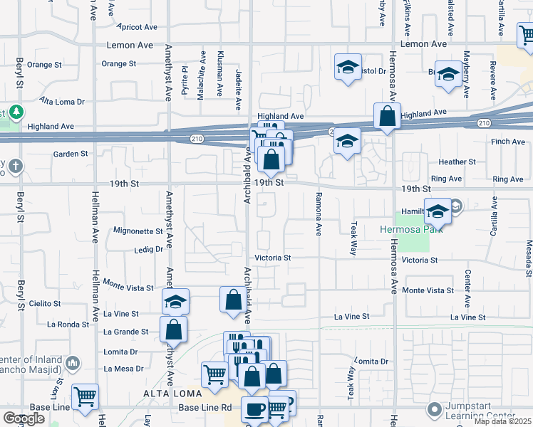 map of restaurants, bars, coffee shops, grocery stores, and more near 9740 Woodleaf Drive in Rancho Cucamonga