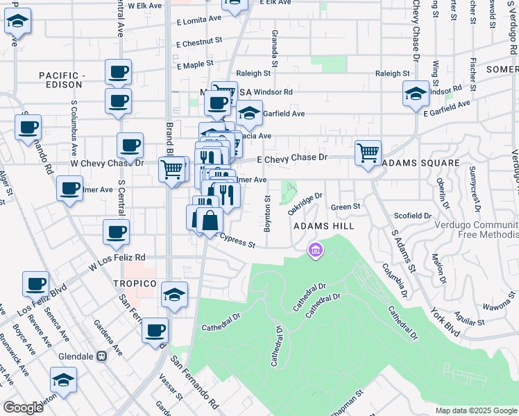map of restaurants, bars, coffee shops, grocery stores, and more near 1247 Boynton Street in Glendale