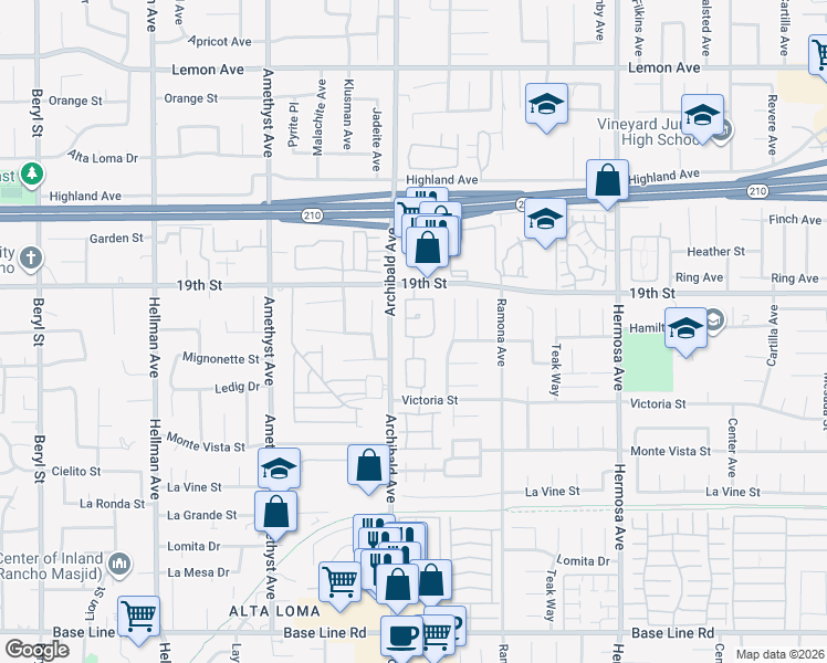 map of restaurants, bars, coffee shops, grocery stores, and more near 9728 Woodleaf Drive in Rancho Cucamonga