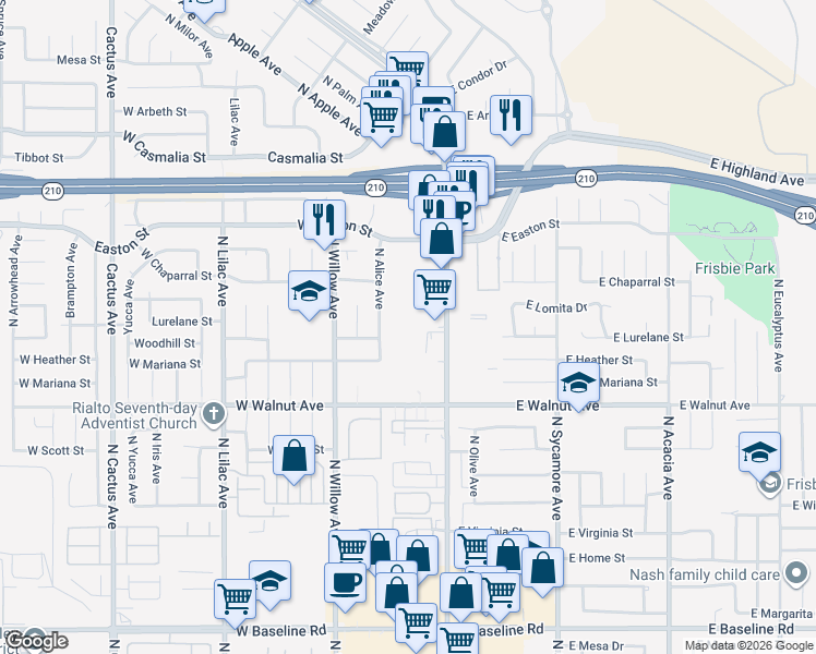map of restaurants, bars, coffee shops, grocery stores, and more near 186 West Walnut Avenue in Rialto