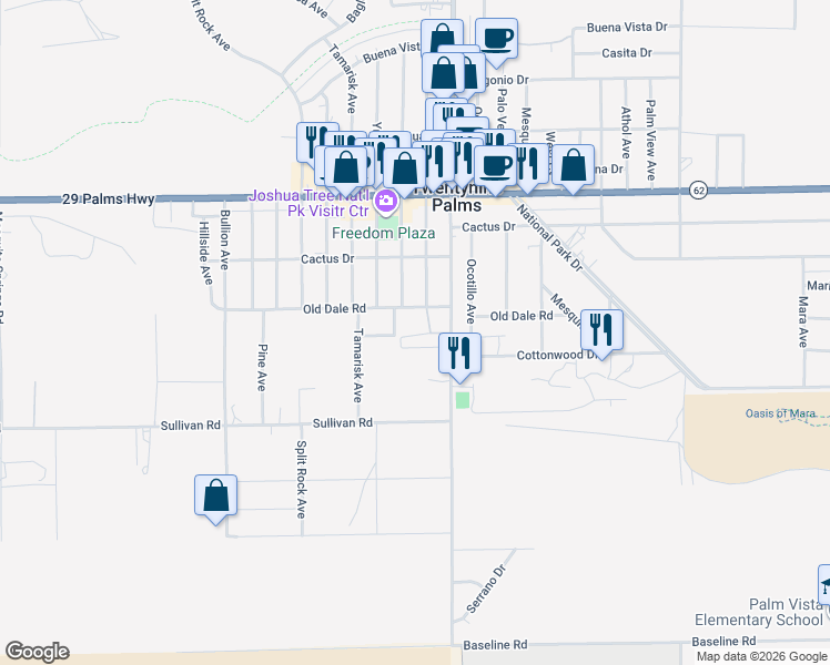 map of restaurants, bars, coffee shops, grocery stores, and more near 6746 Adobe Road in Twentynine Palms