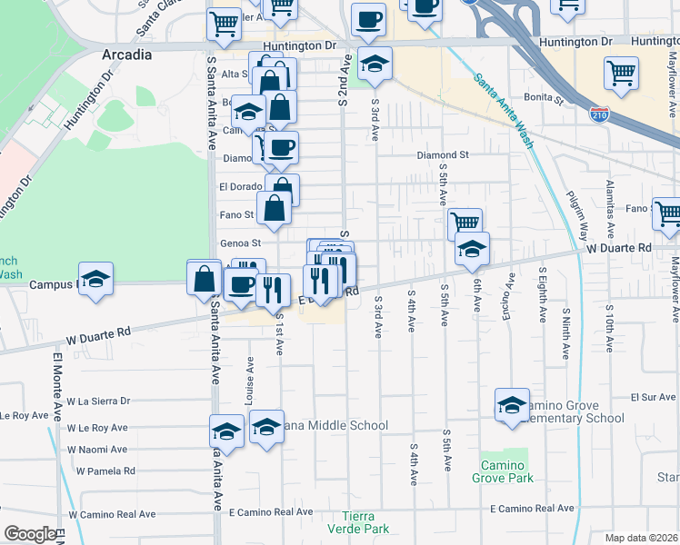 map of restaurants, bars, coffee shops, grocery stores, and more near 805 South 2nd Avenue in Arcadia
