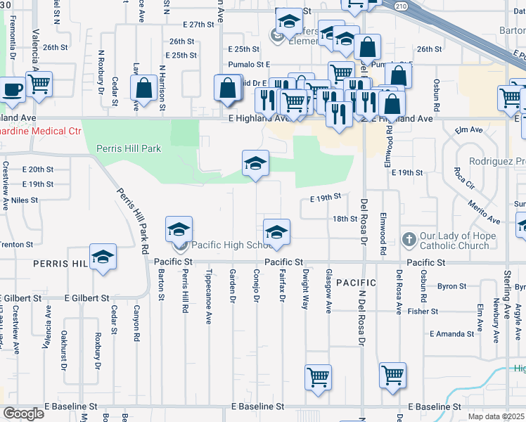 map of restaurants, bars, coffee shops, grocery stores, and more near 1747 Conejo Drive in San Bernardino