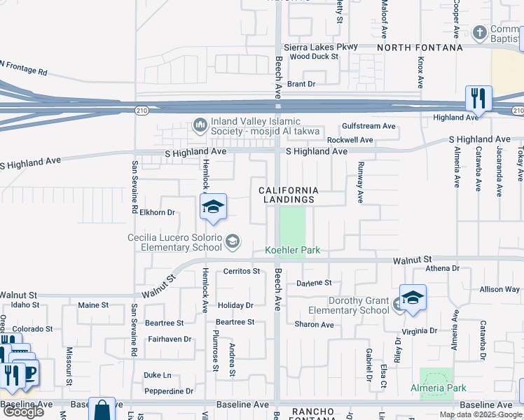 map of restaurants, bars, coffee shops, grocery stores, and more near 6756 Earhart Avenue in Fontana
