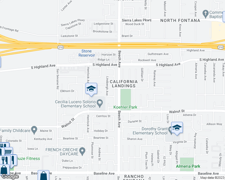 map of restaurants, bars, coffee shops, grocery stores, and more near 6756 Earhart Avenue in Fontana