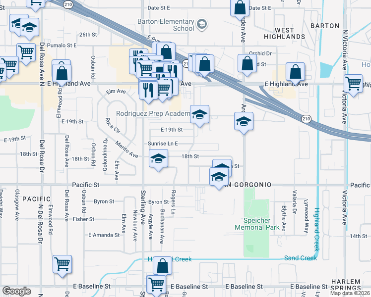 map of restaurants, bars, coffee shops, grocery stores, and more near 25866 18th Street in San Bernardino