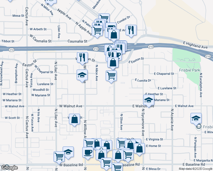 map of restaurants, bars, coffee shops, grocery stores, and more near 186 West Walnut Avenue in Rialto