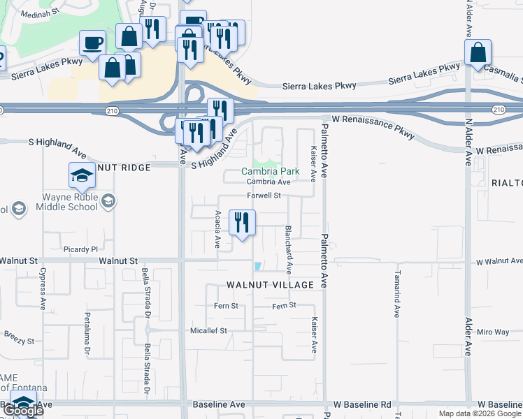 map of restaurants, bars, coffee shops, grocery stores, and more near 17155 Los Cedros Avenue in Fontana