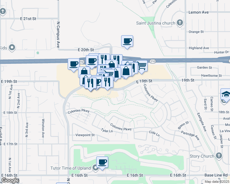 map of restaurants, bars, coffee shops, grocery stores, and more near 1316 East 19th Street in Upland