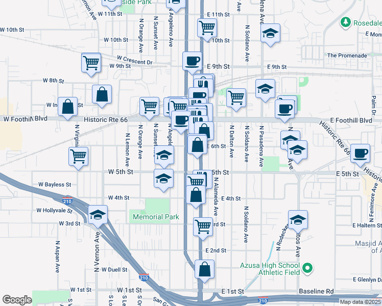 map of restaurants, bars, coffee shops, grocery stores, and more near 531 North San Gabriel Avenue in Azusa