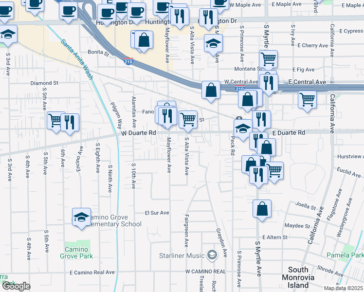 map of restaurants, bars, coffee shops, grocery stores, and more near 1839 South Alta Vista Avenue in Monrovia