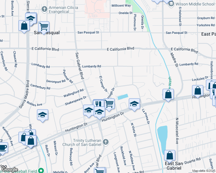 map of restaurants, bars, coffee shops, grocery stores, and more near 931 Gainsborough Drive in Pasadena