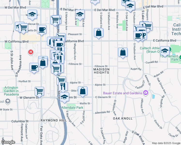 map of restaurants, bars, coffee shops, grocery stores, and more near 855 South Los Robles Avenue in Pasadena