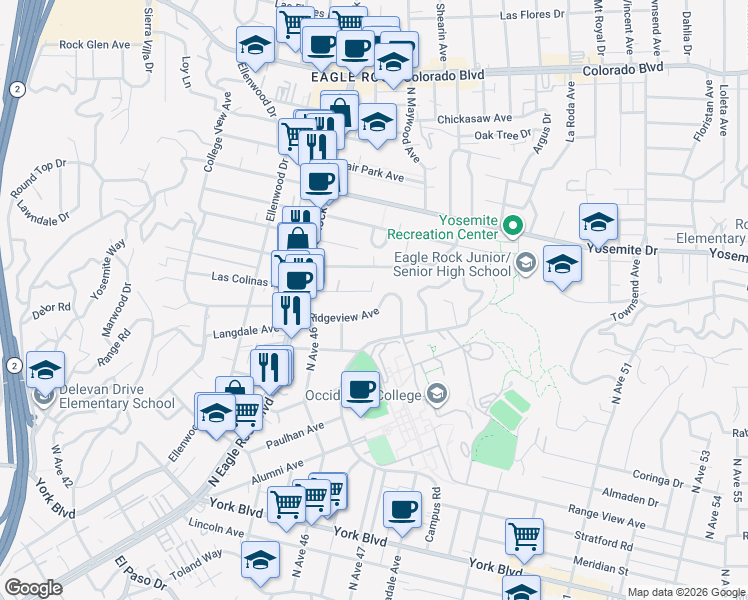 map of restaurants, bars, coffee shops, grocery stores, and more near 2125 Ridgeview Avenue in Los Angeles