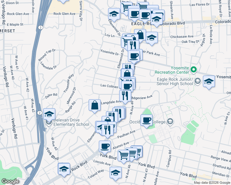 map of restaurants, bars, coffee shops, grocery stores, and more near 2339 Ridgeview Avenue in Los Angeles