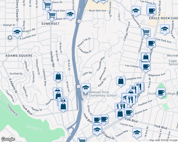 map of restaurants, bars, coffee shops, grocery stores, and more near 2739 Delor Road in Los Angeles