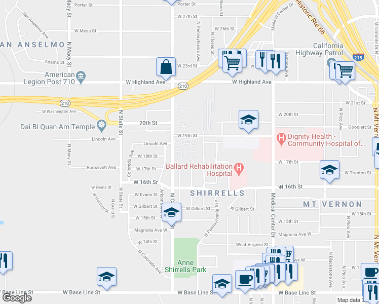map of restaurants, bars, coffee shops, grocery stores, and more near 1860 Ladds Court in San Bernardino