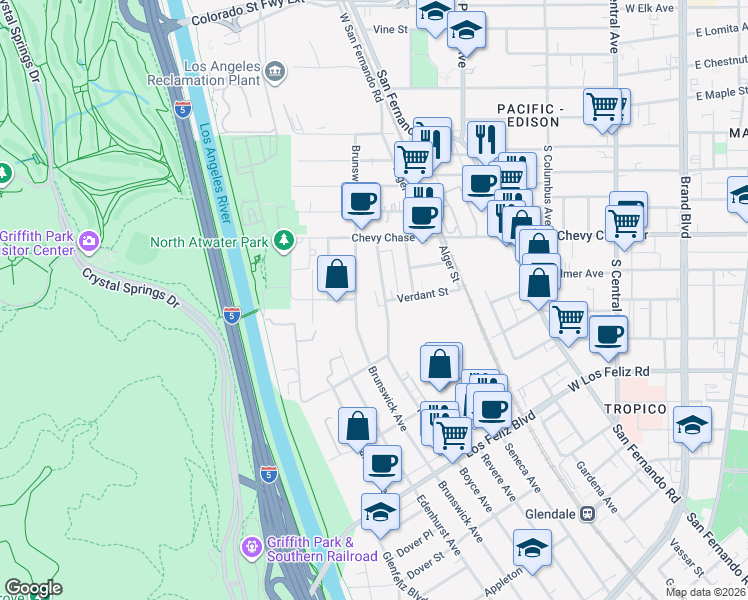 map of restaurants, bars, coffee shops, grocery stores, and more near 4270 Perlita Avenue in Los Angeles