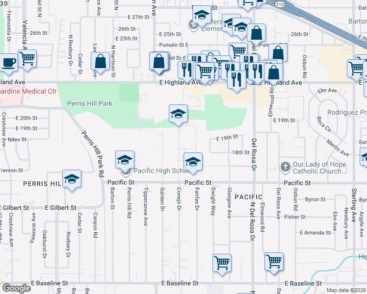map of restaurants, bars, coffee shops, grocery stores, and more near 1747 Conejo Drive in San Bernardino
