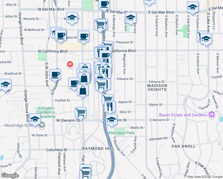 map of restaurants, bars, coffee shops, grocery stores, and more near 845 South Marengo Avenue in Pasadena