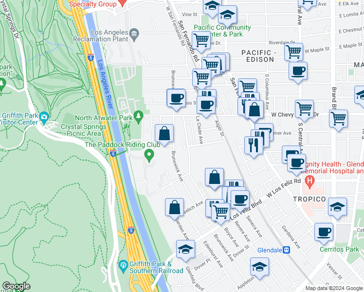 map of restaurants, bars, coffee shops, grocery stores, and more near 4270 Perlita Avenue in Los Angeles